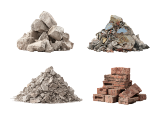 Four piles stone, brick, rubble, concrete, isolated