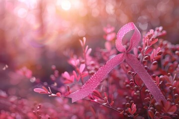 Pink ribbon with water drops symbolizing breast cancer awareness resting on red foliage