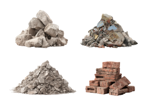Four piles stone, brick, rubble, concrete, isolated