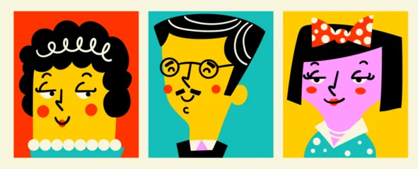 Fotobehang Beren A trendy set of retro vector avatars featuring diverse, stylized human portraits. These bold, pop art inspired characters are perfect for social media profiles, modern branding, and digital apps  © virinaflora