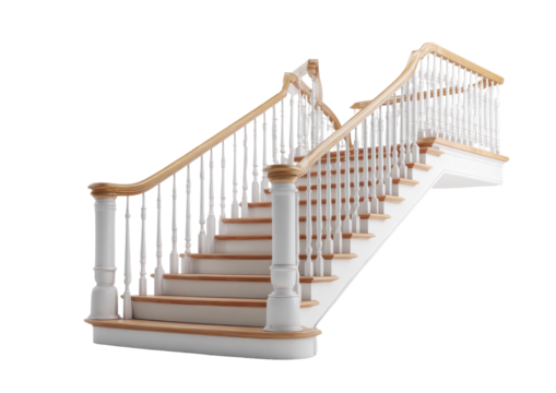 Elegant wooden staircase with white balusters on black