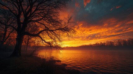 Stunning sunset over tranquil lake with dramatic orange sky and silhouette trees, evokes peace and serenity for travel ads