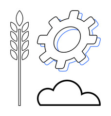 Gear, wheat stalk, and cloud outline combine themes of agriculture, technology, environment, innovation, and sustainability. Ideal for eco-tech, smart farming productivity modernization food