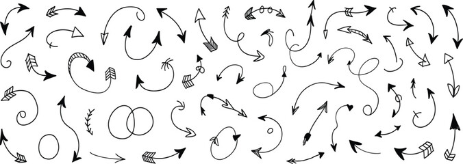 Hand-drawn arrow collection, doodle sketch arrows set, curved and straight direction symbols for infographic, design, vector, presentation, illustration