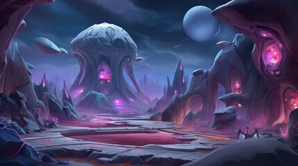 Obraz premium Alien Landscape with Bioluminescent Flora and Crystalline Structures Under a Cosmic Sky