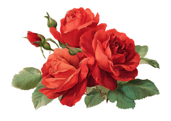 Three vibrant red roses with buds and leaves