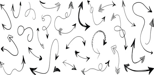 Hand-drawn doodle arrows set, curved and straight sketch arrows collection, direction symbols for infographic, design, presentation, vector illustration