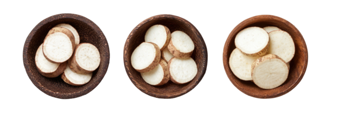 Sliced root vegetables in three rustic bowls