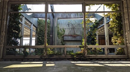Derelict post apocalyptic building. Indoor garden terrarium, large broken windows. Sun-light, shadows, deserted industrial greenery, nature reclaiming. Brutal concrete architecture style, open sky. 