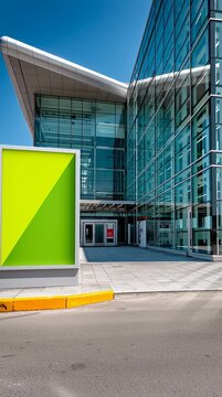 Green screen billboard placed in front of a modern airport terminal featuring a glass facade and architectural roof. The clean sidewalk and blue sky suggest a commercial area.