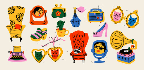 A vibrant and trendy set of doodle illustrations celebrating retro beauty and women's self-care. This quirky art features vintage accessories, makeup, and playful icons.