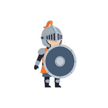 Cartoon Knight with Shield and Helmet Standing.