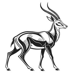 detailed illustration, black and white, highly detailed, intricate, engraved, wood carving style, antelope, horns, graceful, standing, profile view, sharp lines, geometric patterns, dynamic, powerful,