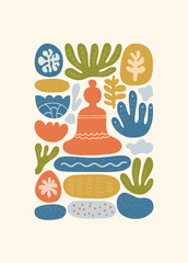 Minimal vector illustration inspired by meditation and calm energy. Features yoga poses, abstract shapes, and natural harmony &mdash; perfect for mindful design and modern wall art.