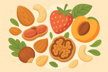 Playful assortment of fresh nuts and fruits vibrant healthy food composition