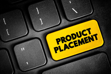 Fototapeta premium Product Placement - merchandising strategy for brands to reach their target audiences without using overt traditional advertising, text button on keyboard, concept background