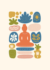 Minimal vector illustration inspired by meditation and calm energy. Features yoga poses, abstract shapes, and natural harmony &mdash; perfect for mindful design and modern wall art.