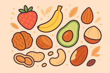 Whimsical assortment of delicious nuts and fresh fruits in a playful composition