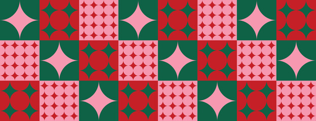 Fototapeta na wymiar Geometric background with red and green squares. The background features pink star patterns, creating a vibrant, festive texture. Minimal retro geometric star pattern vector background