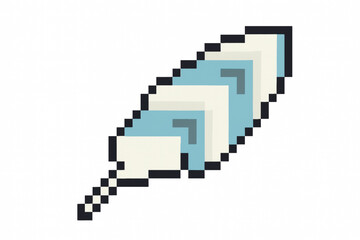 Retro-style pixel art feather, light blue and white, for creative projects, vintage video game design, or whimsical graphic elements, offering a nostalgic touch