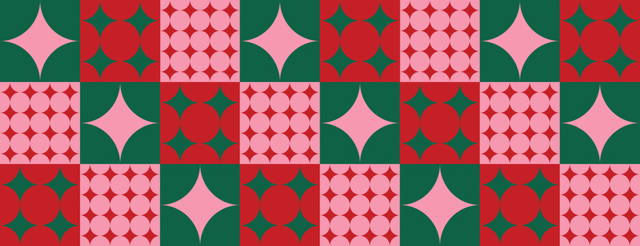 Geometric background with red and green squares. The background features pink star patterns, creating a vibrant, festive texture. Minimal retro geometric star pattern vector background