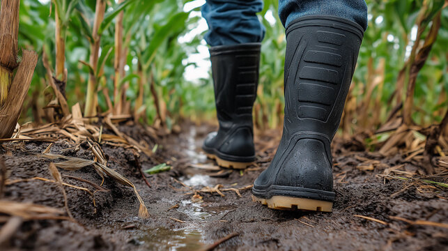 person likely a farmer wearing boots standing near green corn plants