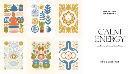 Minimal vector illustration inspired by meditation and calm energy. Features yoga poses, abstract shapes, and natural harmony &mdash; perfect for mindful design and modern wall art.
