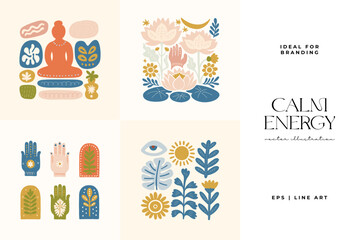 Minimal vector illustration inspired by meditation and calm energy. Features yoga poses, abstract shapes, and natural harmony &mdash; perfect for mindful design and modern wall art.
