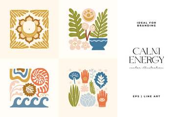 Minimal vector illustration inspired by meditation and calm energy. Features yoga poses, abstract shapes, and natural harmony — perfect for mindful design and modern wall art.