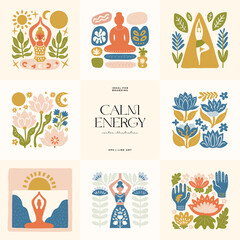 Minimal vector illustration inspired by meditation and calm energy. Features yoga poses, abstract shapes, and natural harmony &mdash; perfect for mindful design and modern wall art.