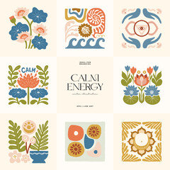 Minimal vector illustration inspired by meditation and calm energy. Features yoga poses, abstract shapes, and natural harmony &mdash; perfect for mindful design and modern wall art.