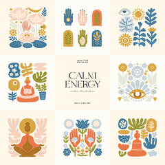 Minimal vector illustration inspired by meditation and calm energy. Features yoga poses, abstract shapes, and natural harmony — perfect for mindful design and modern wall art.