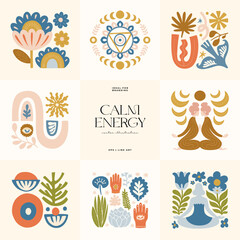Minimal vector illustration inspired by meditation and calm energy. Features yoga poses, abstract shapes, and natural harmony &mdash; perfect for mindful design and modern wall art.
