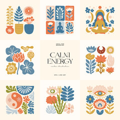 Minimal vector illustration inspired by meditation and calm energy. Features yoga poses, abstract shapes, and natural harmony — perfect for mindful design and modern wall art.