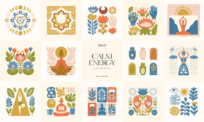 Minimal vector illustration inspired by meditation and calm energy. Features yoga poses, abstract shapes, and natural harmony &mdash; perfect for mindful design and modern wall art.