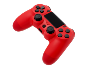 Close up, single red joystick for gaming console, isolated on transparent background.