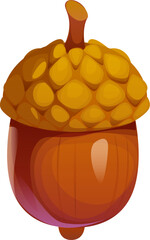 Cartoon autumn fall season acorn, oak tree seed. Isolated vector forest vegetation plant, fallen wood foliage. Woodland plant, brown nut from the oak tree, feature glossy shell and bumpy cap