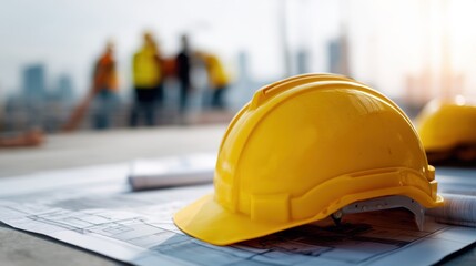 Yellow hard hat on blueprint plans at a construction site with blurred workers. Concept of safety and planning for building project.