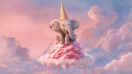 Adorable Baby Elephant Wearing an Ice Cream Cone Hat on a Floating Pink Cloud