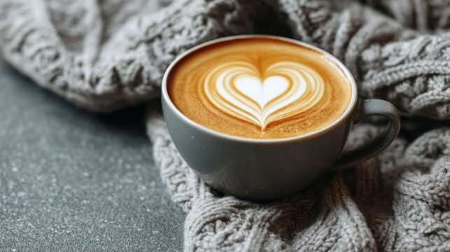 Cup of warm coffee latte with heart shape art on a soft gray knitted blanket. Cozy autumn or winter drink concept for cafe advertisement.