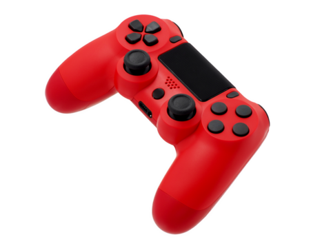 Close up, single red joystick for gaming console, isolated on transparent background.