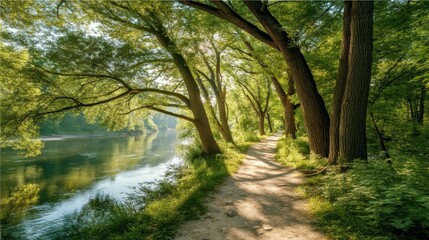 Winding dirt path alongside a calm river framed by lush green trees, with sun rays creating dappled light and shadows. Nature escape.