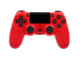 Close up, single red joystick for gaming console, isolated on transparent background.