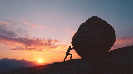 Man pushing large boulder uphill at sunset. Concept of hard work, challenge, and determination against a vibrant sky.