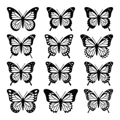 Butterfly collection. Fireflies clipart set. Set of black and white line butterflies. Wedding design, baby shower design elements, Spring and summer decoration, Party invitation, birthday celebration.