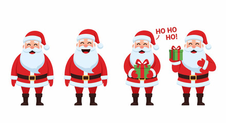 Four cartoon Santa Claus figures with gifts and cheerful expressions.