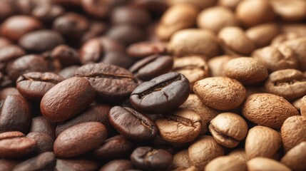 Fototapeta premium Close up of roasted and green coffee beans mixed together. Raw and dark brown arabica seed for espresso. Fresh beverage ingredient.