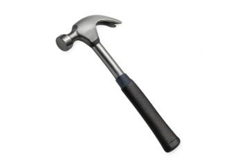Hammer with metal head and black grip handle for carpentry, PNG transparent background