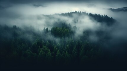 Obraz premium Eerie Misty Forest Canopy Shrouded in Deep Blue and Grey Fog, Creating an Atmosphere of Mystery and Isolation