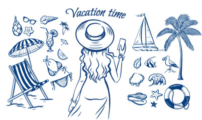 Young woman in a hat resting on a sunny beach and taking pictures with a smartphone. Vacation at sea set of vector illustrations on various marine themes